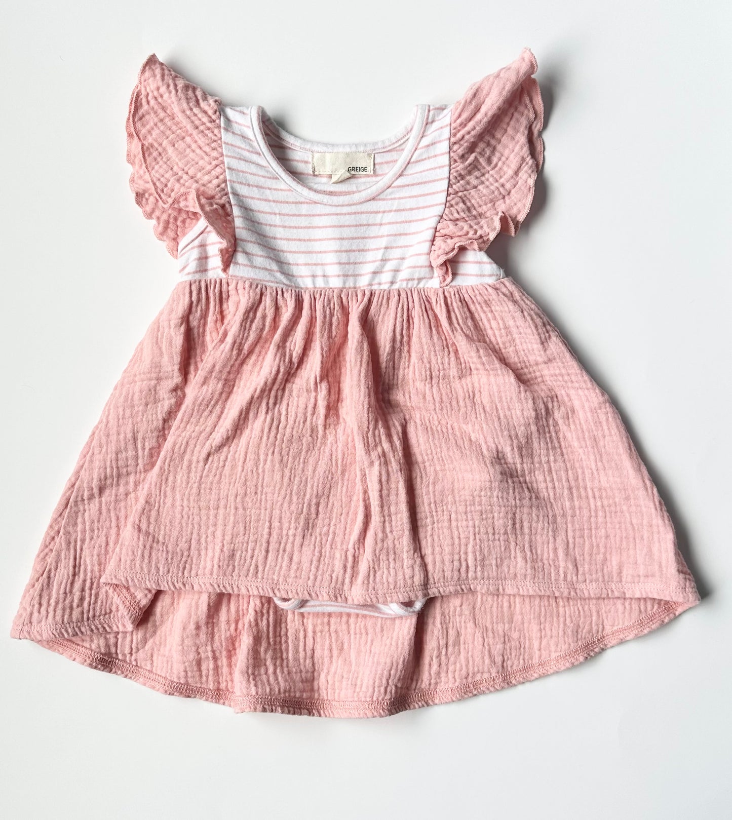 Greige Pink & White Stripped Muslin Dress (3-6 Months)