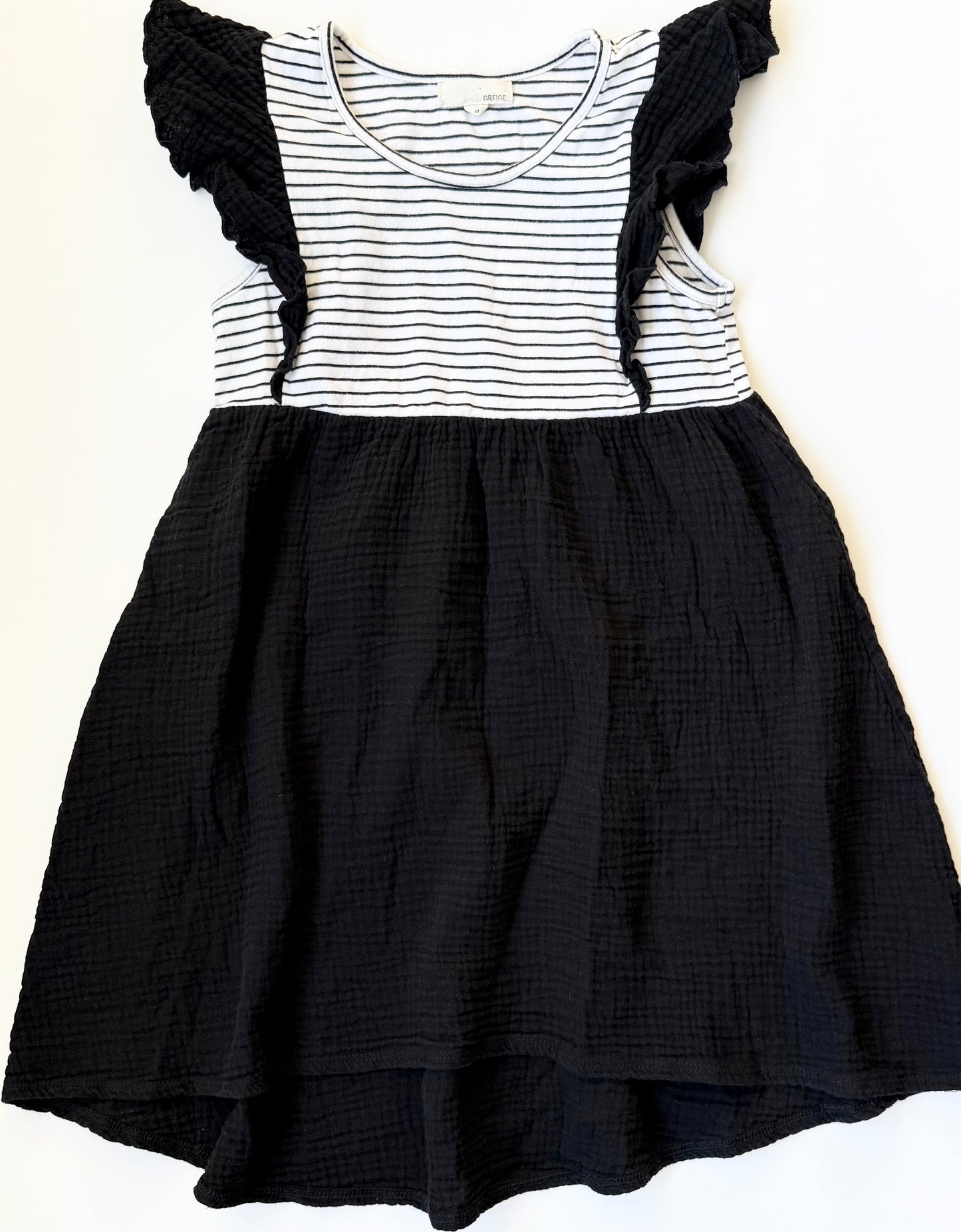 Greige Black & White Striped Muslin Flutter Sleeve Dress (6T)