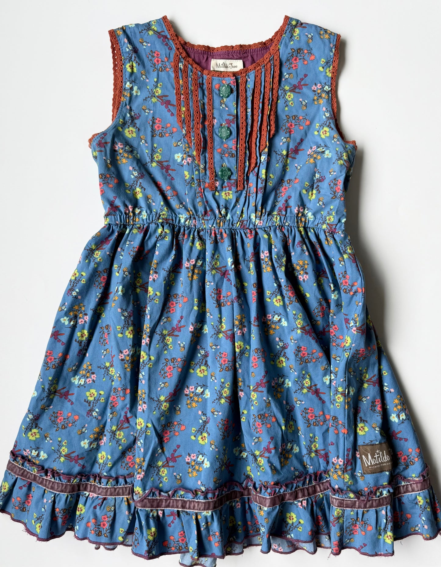 Matilda Jane Blue & Brown Ruffle Antique Floral Sleeveless Dress (6 Years)