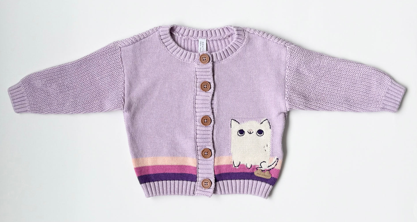 Souris Mini Purple Knit Cat Cardigan Sweater (6-9 Months)