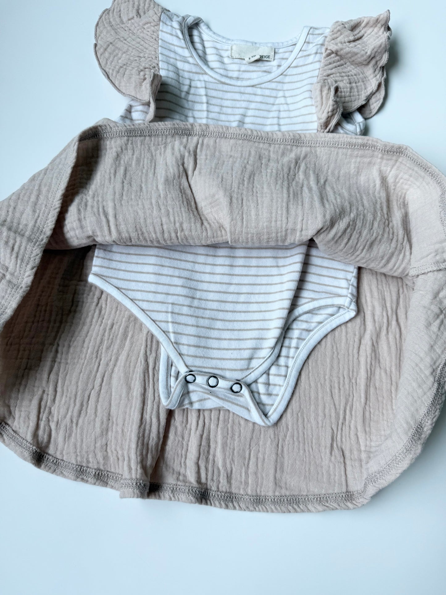 Greige Beige & White Stripped Muslin Dress (6-9 Months)