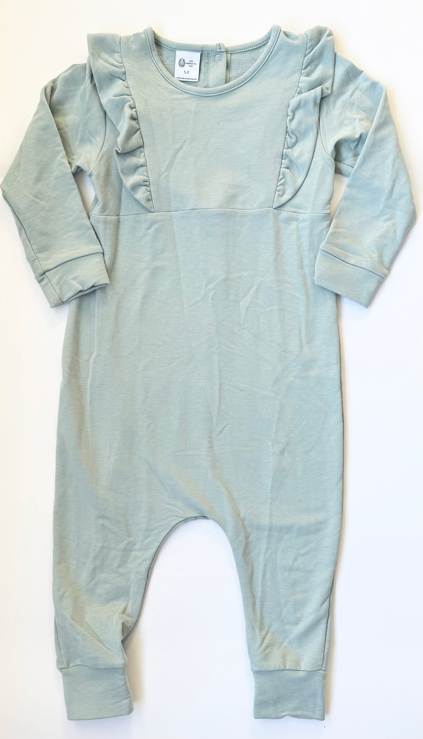 The Whimsical Fox Light Green Flutter Jumpsuit (5T)