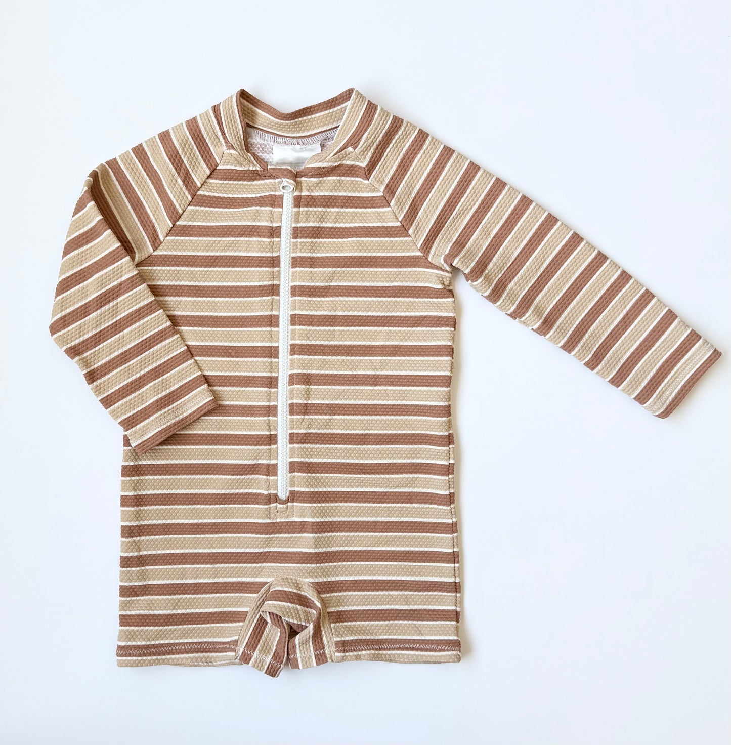 H&M Brown Stripped Pebbled Long Sleeve/Short Bottoms Rashguard Swimsuit (6-9 Months)