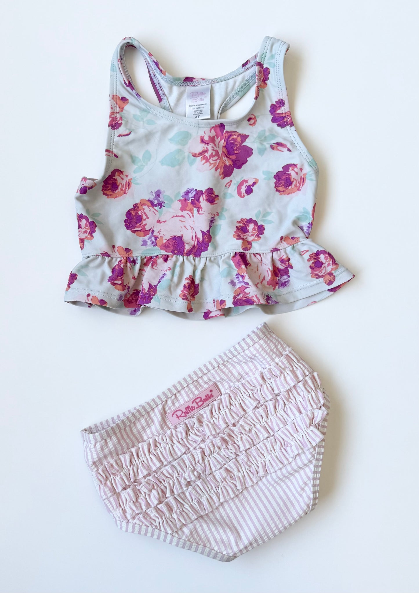 Ruffle Butts Light Blue Floral Peplum Tank & Pink Stripped Bottoms Two Piece Swimsuit (4T)