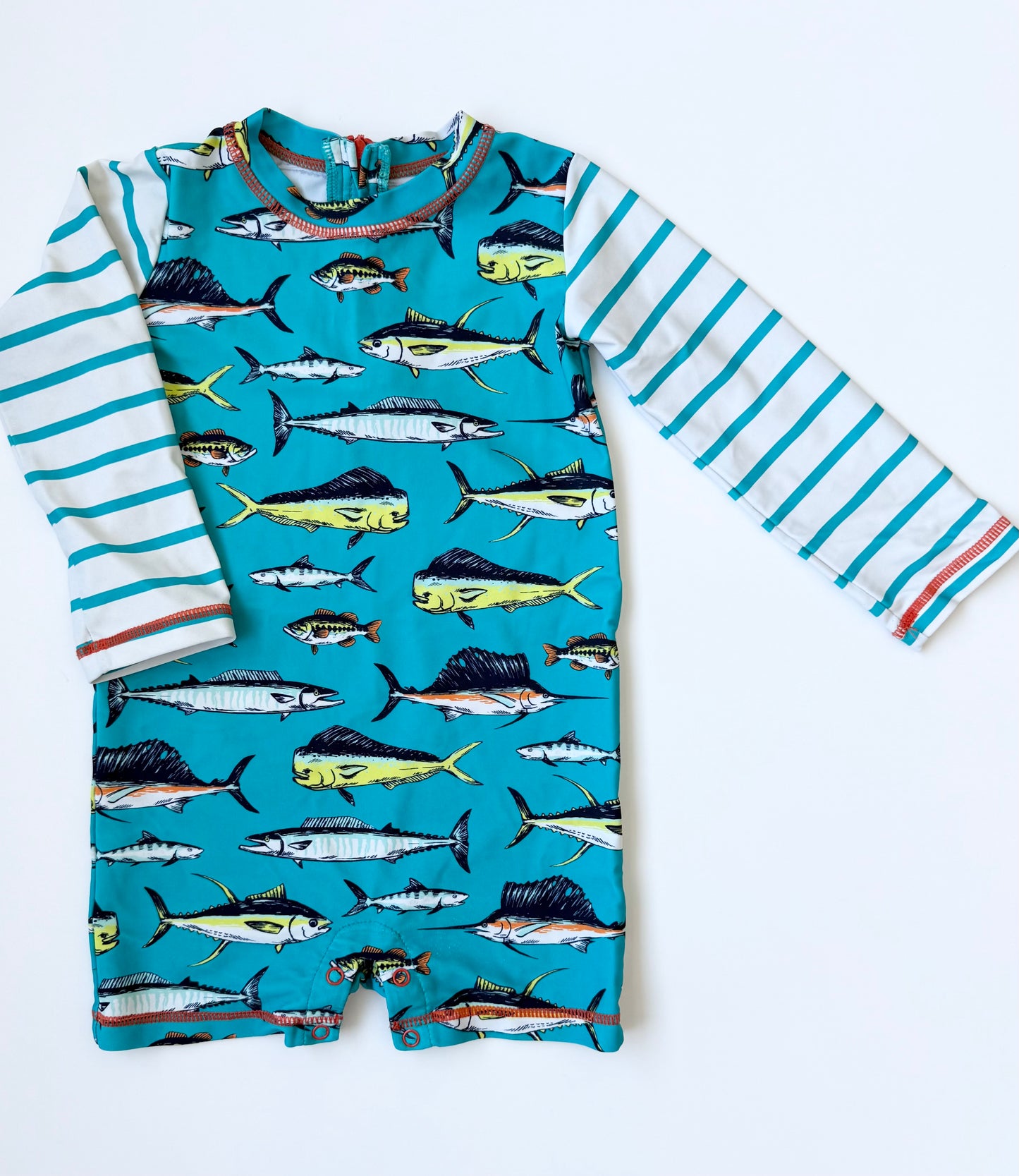 Hatley Blue Fishy Stripped Long Sleeve & Shorts Rashguard One Piece Swimsuit (18-24 Months)