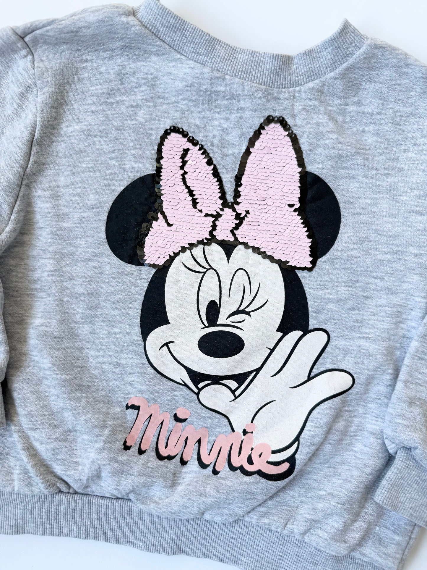 H&M x Disney Grey & Pink Sequence Bow Minnie Mouse Sweater (3-4 Years)