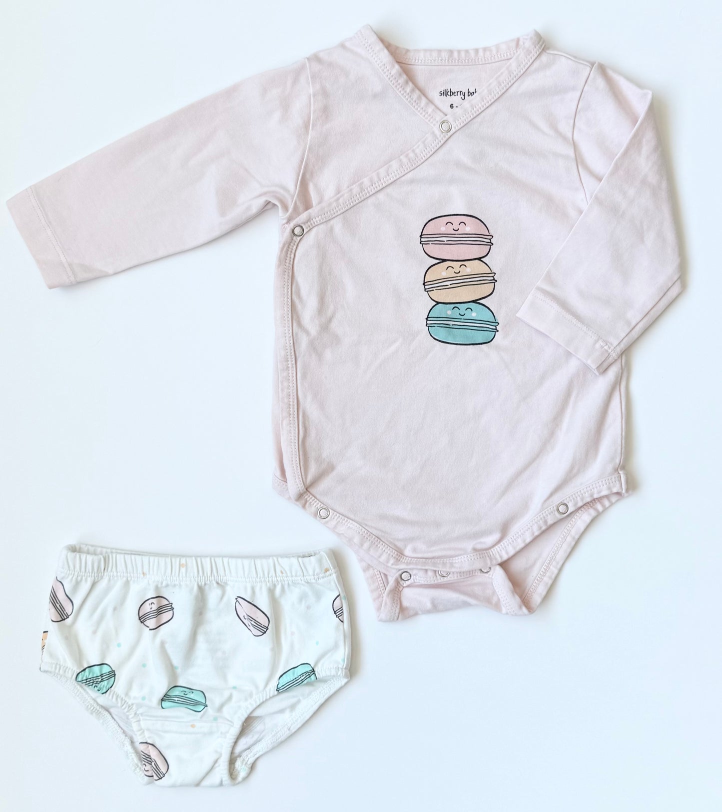 Silkberry Baby Pink Macaroons Kimono Long Sleeve Bodysuit & Bloomers Set (6-12 Months)