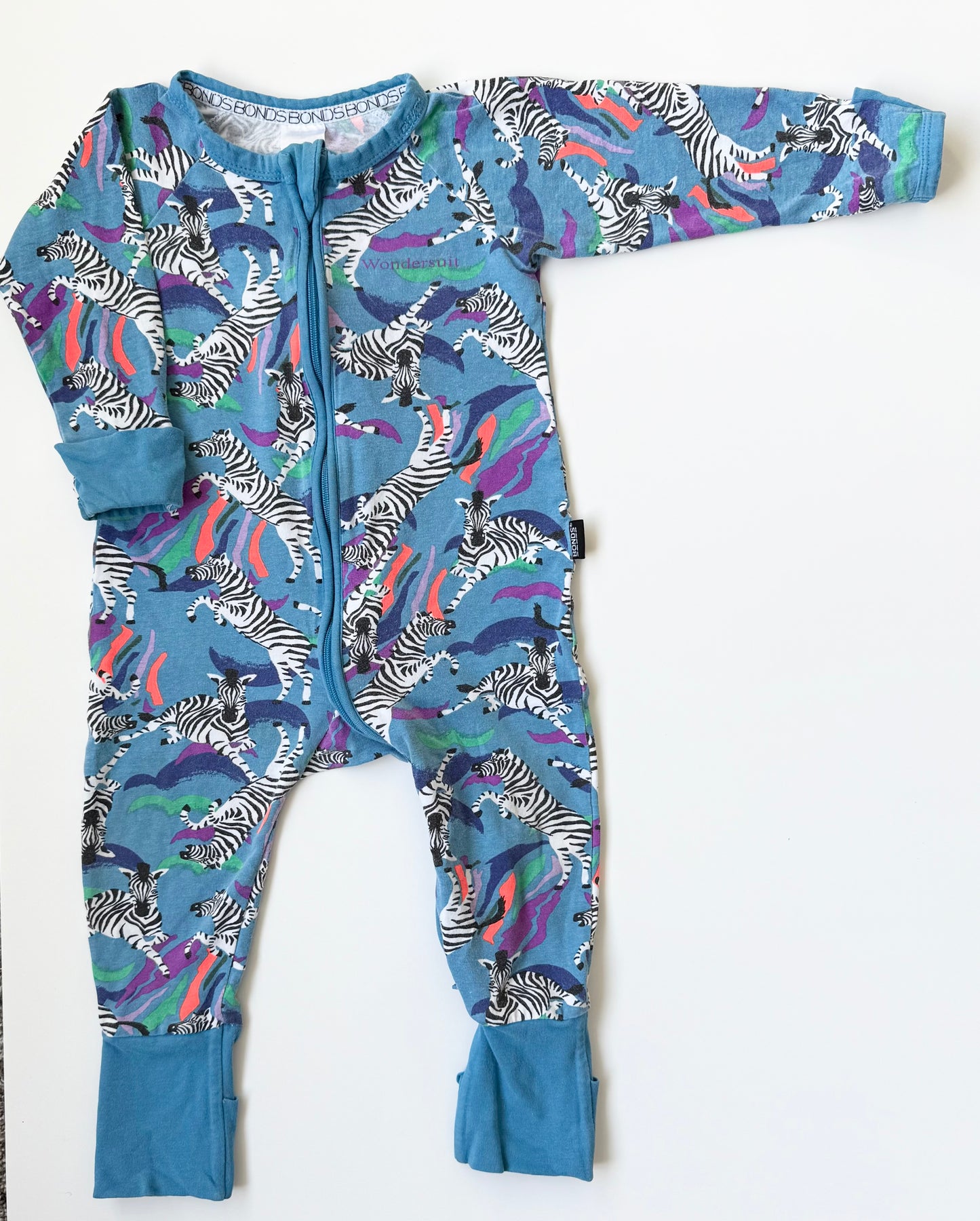 Bonds Wondersuit Blue & Neon Zebras Sleeper Romper (6-12 Months)