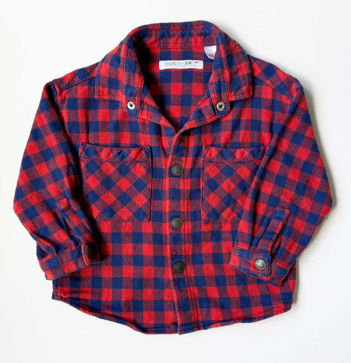 Zara Blue & Red Plaid Flannel Snap Up Long Sleeve (12-18 Months)