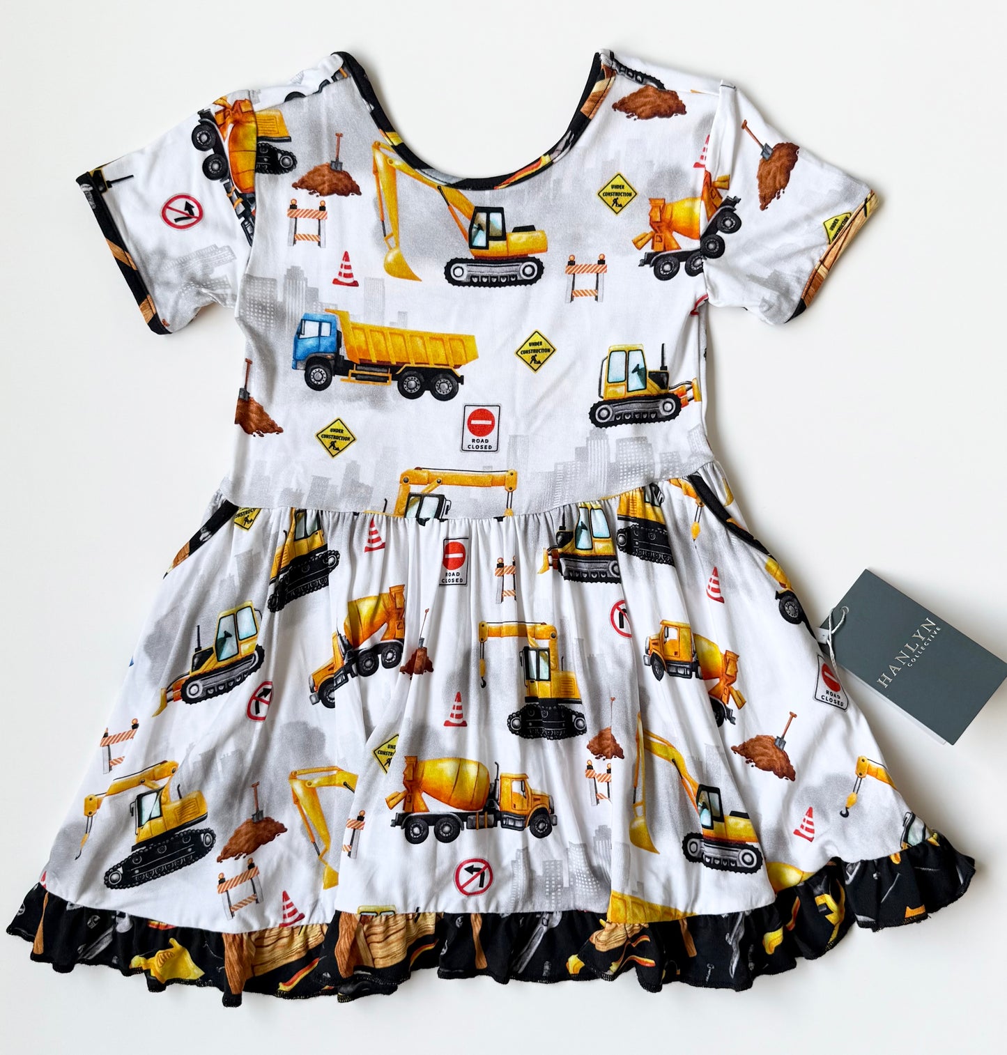 Hanlyn Collective White Construction Vehicles Short Sleeve Twirl Dress - New (2T)
