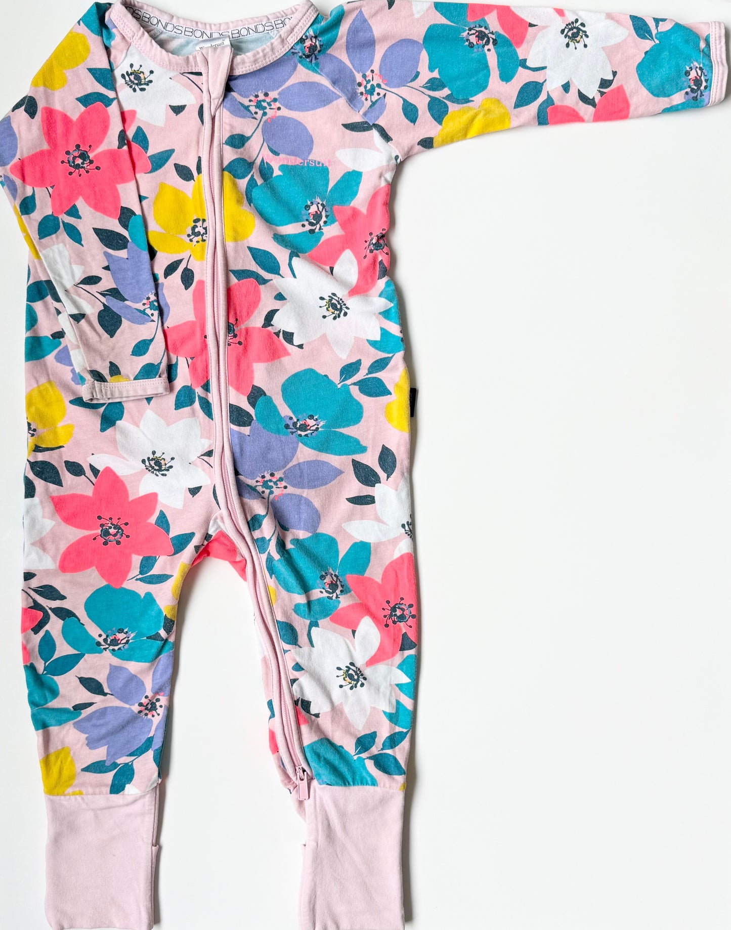 Bonds Wondersuit Pink & Tropical Floral Sleeper Romper (12-18 Months)