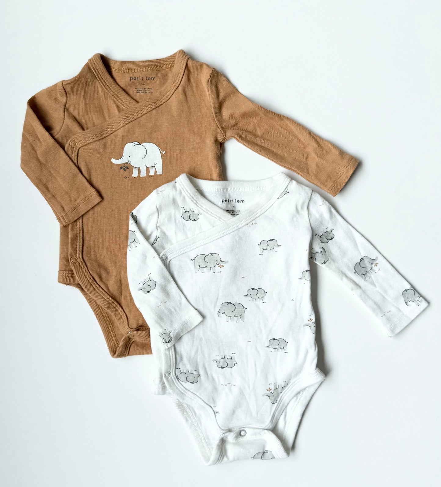 Petit Lem Brown & White Elephant Kimono Bodysuit Bundle (3 Months)