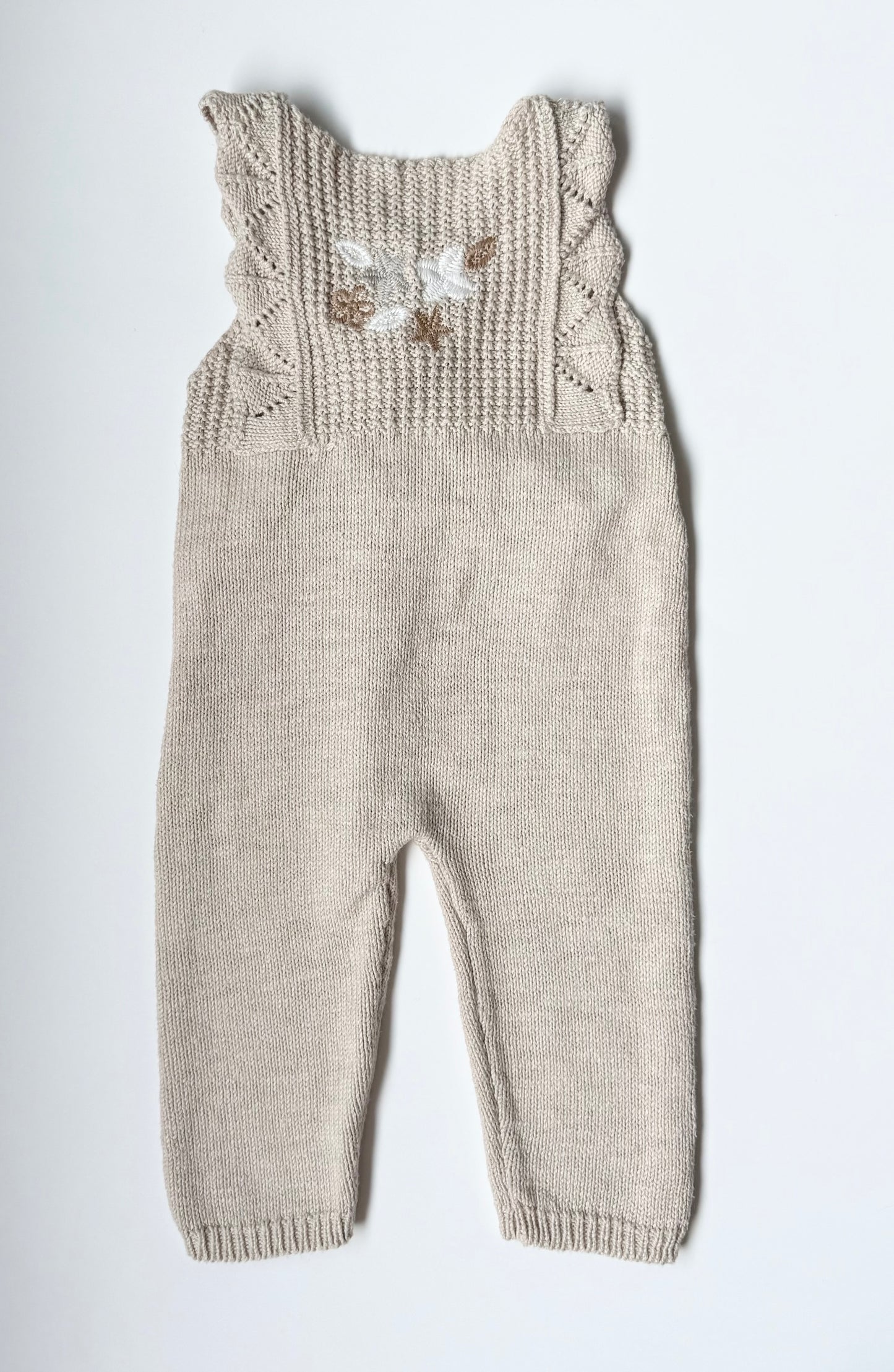 Snug Beige Knit & Embroided Flowers Tank Jumpsuit/Overalls (6-9 Months)