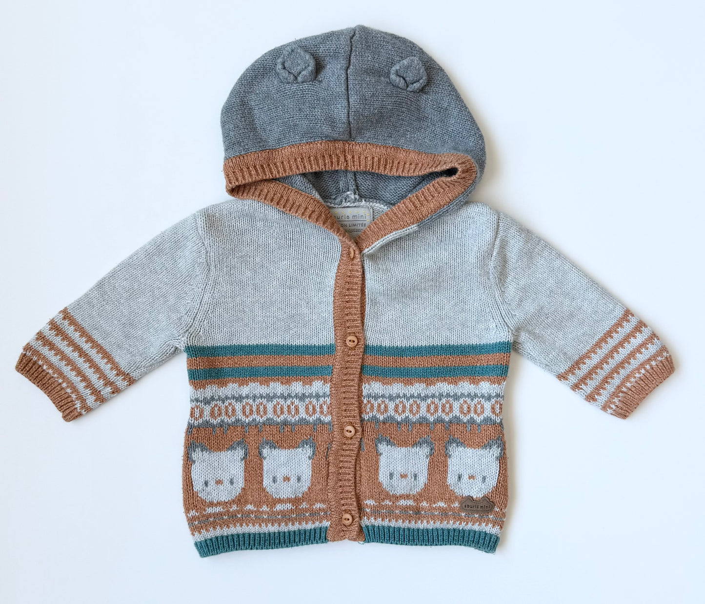 Souris Mini Grey & Brown Knit Kitty Sweater (0-3 Months)