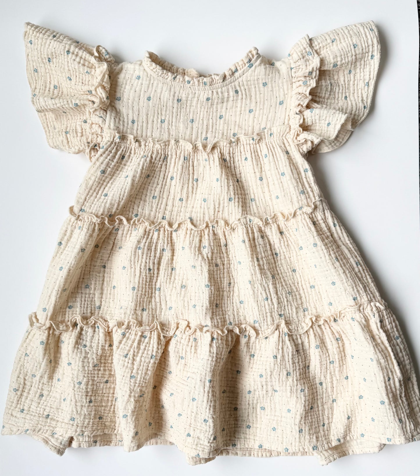 Fliink Off White & Dainty Blue Floral Muslin Short Sleeve Dress (4 Years)