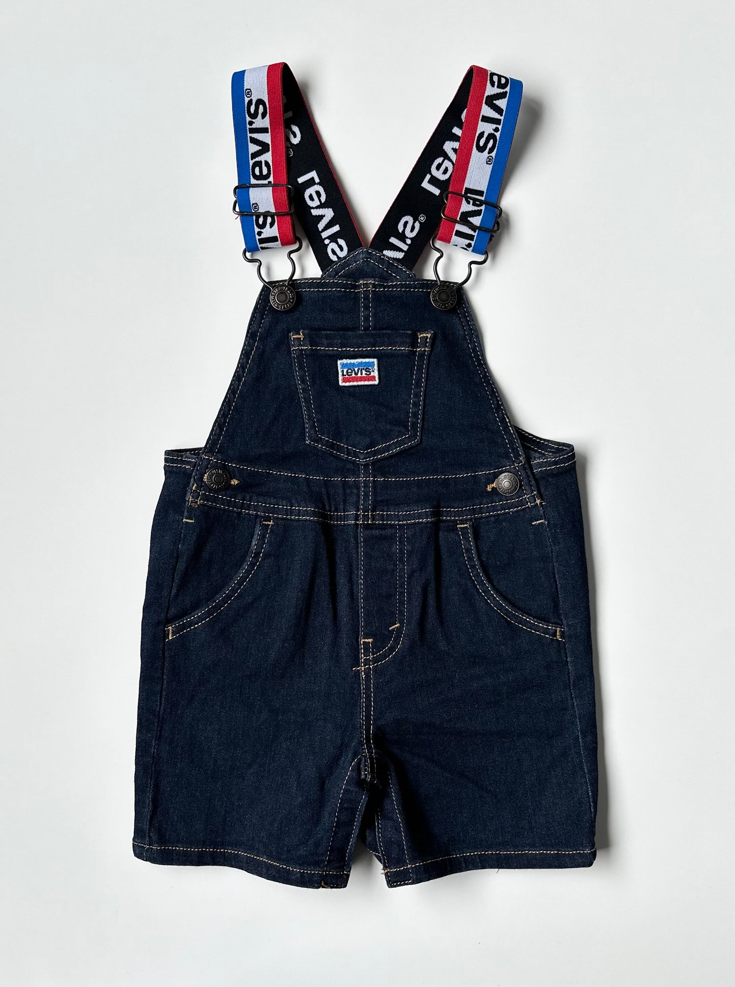Levi’s Dark Wash & Striped Straps Short Overalls (12 Months)
