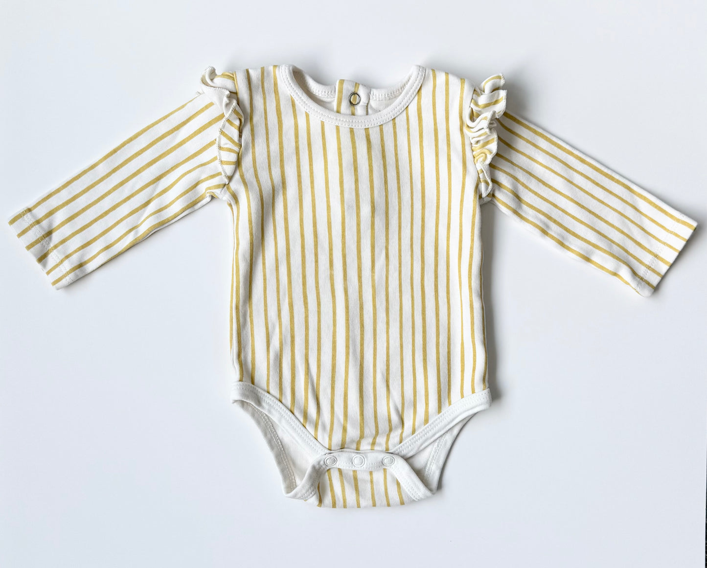 Pehr White & Yellow Striped Flutter Shoulder Long Sleeve Bodysuit (3-6 Months)