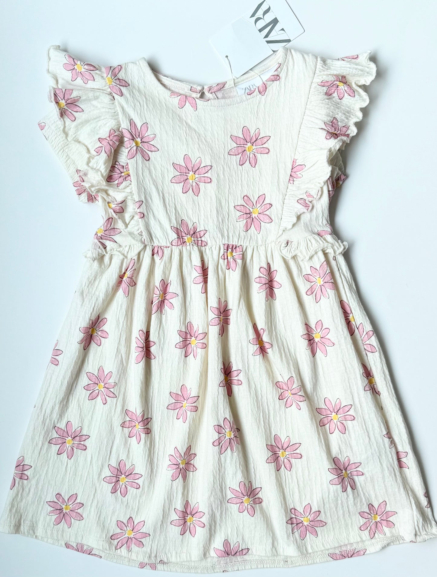 Zara Off White & Pink Flowers Flutter Sleeve Dress (5-6 Years)