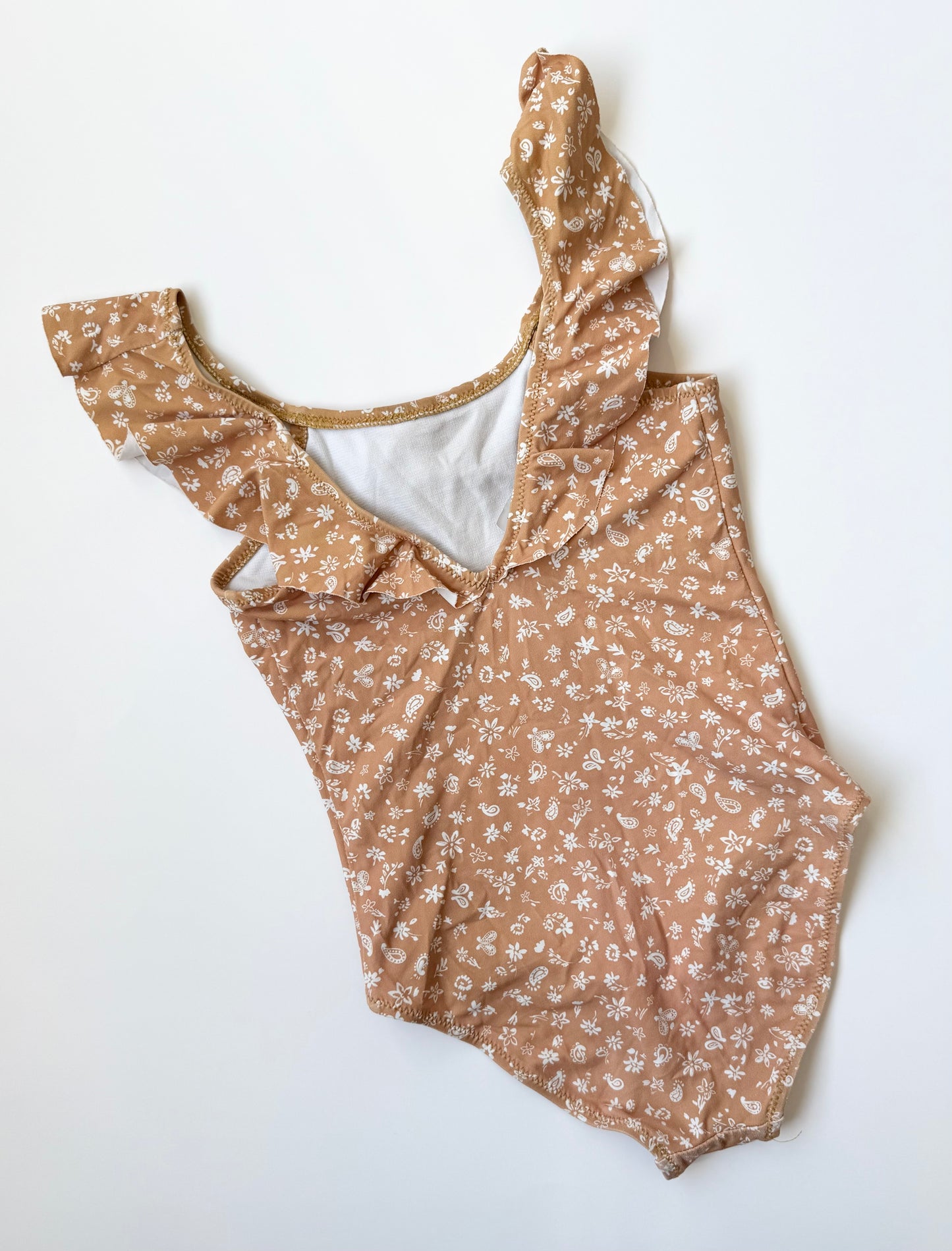 Zara Light Brown & Dainty White Florals Ruffle Collar One Piece Swimsuit (4-5 Years)
