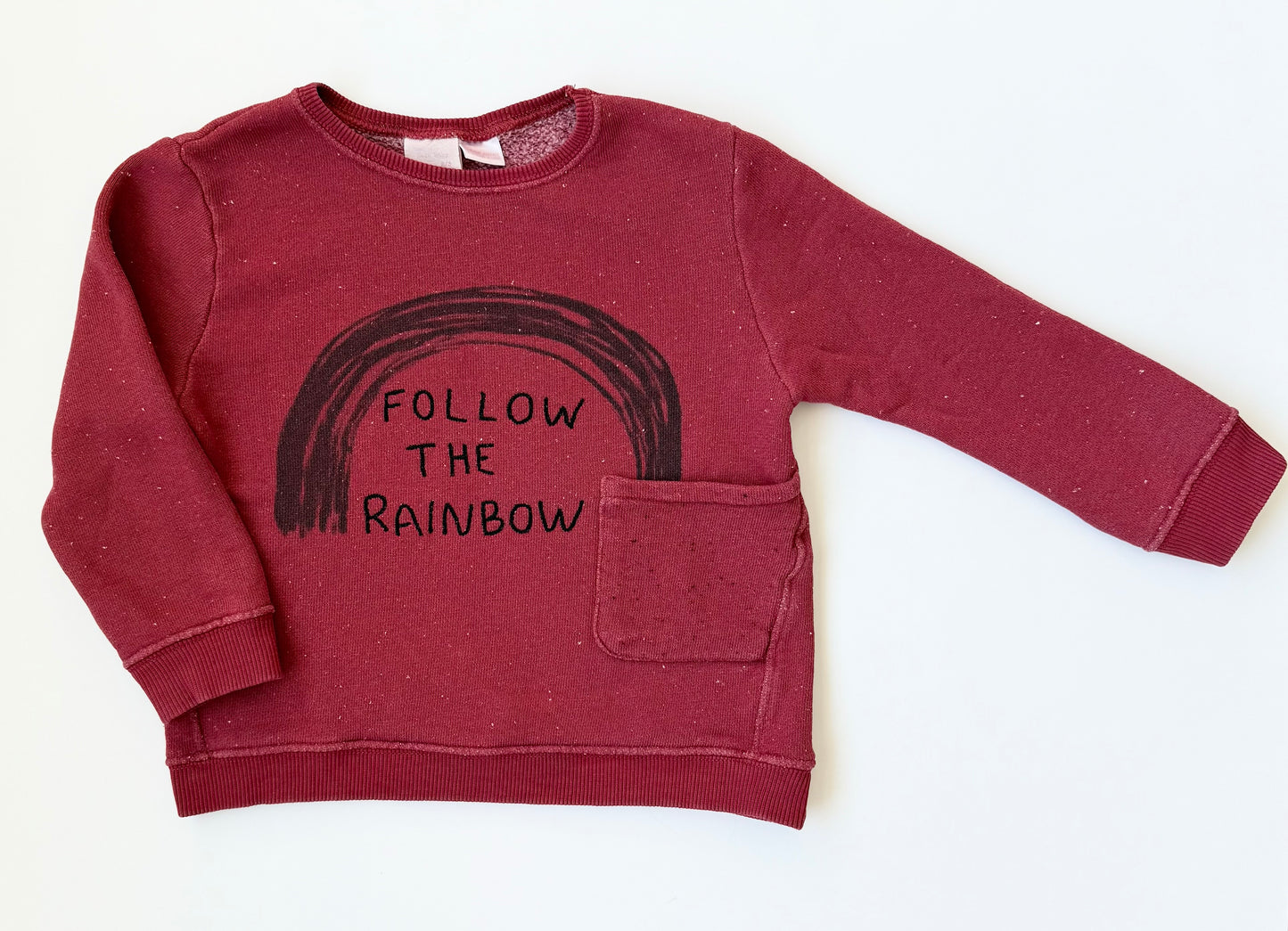 Zara Maroon Speckled “Follow the Rainbow” Pocket Crewneck Sweater (2/3 Years)
