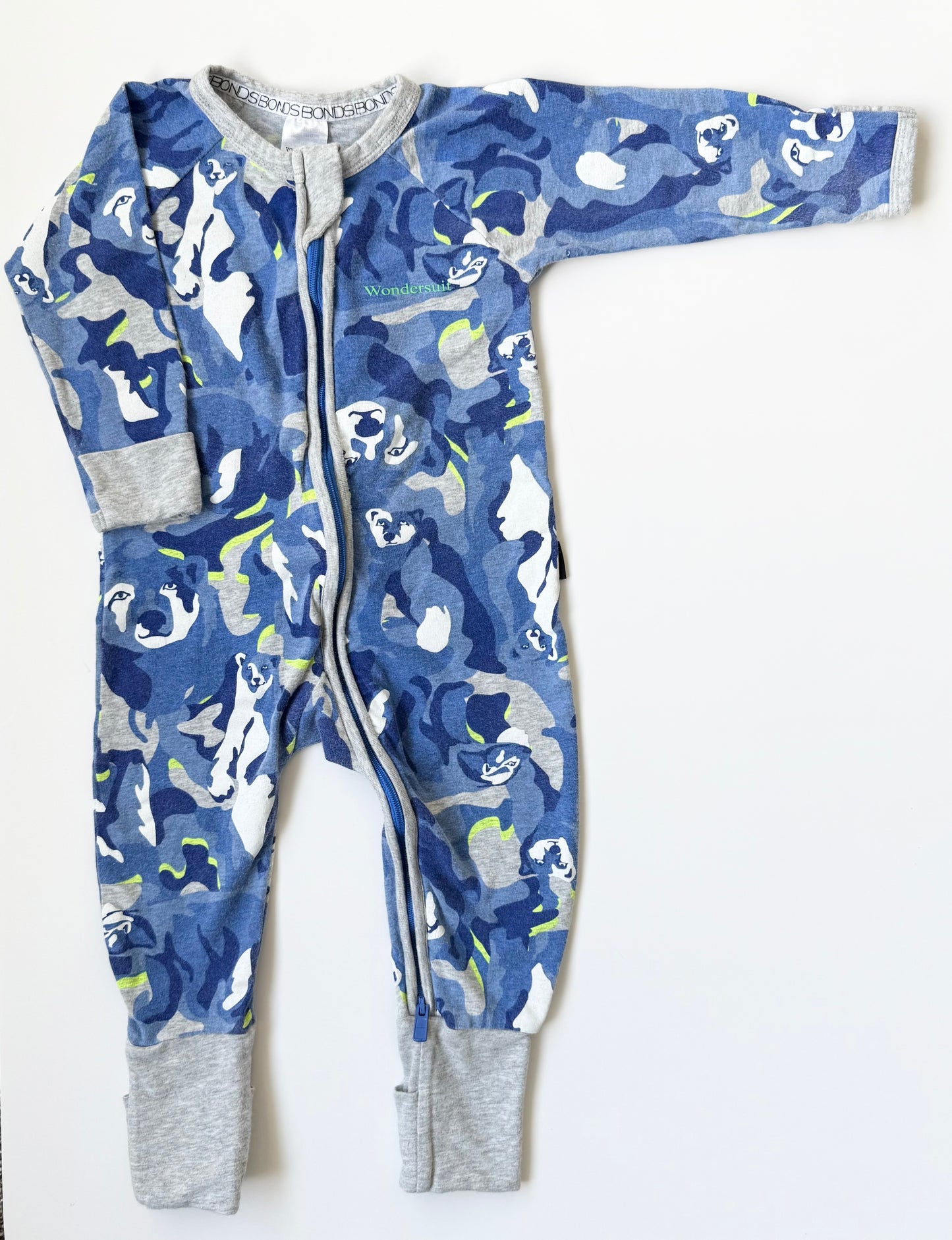 Bonds Wondersuit Blue Camouflage Wolf & Bear Sleeper Romper (6-12 Months)