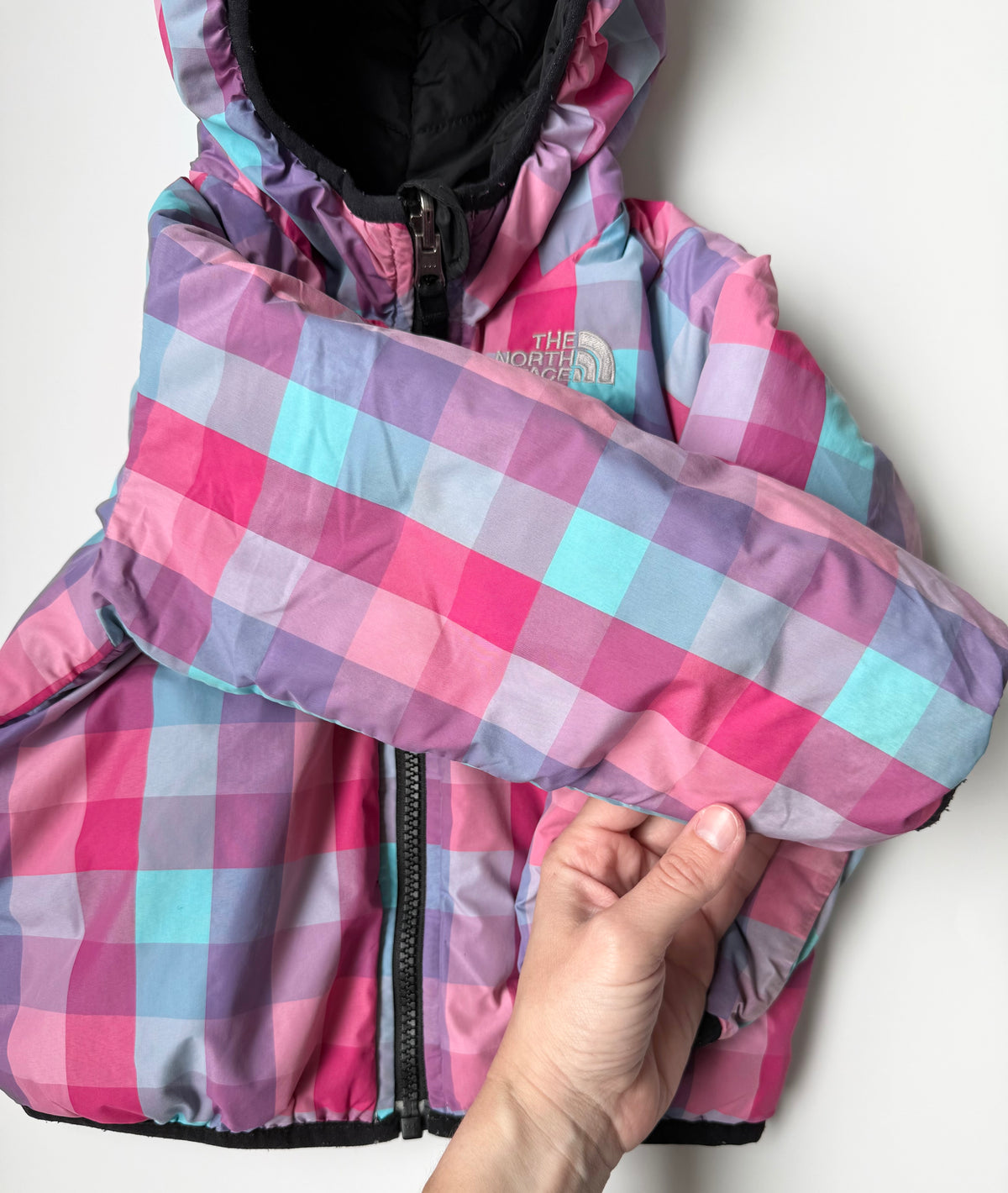 The North Face Moondoggy Black & Pastel Plaid Puffer Reversible Jacket (2T)