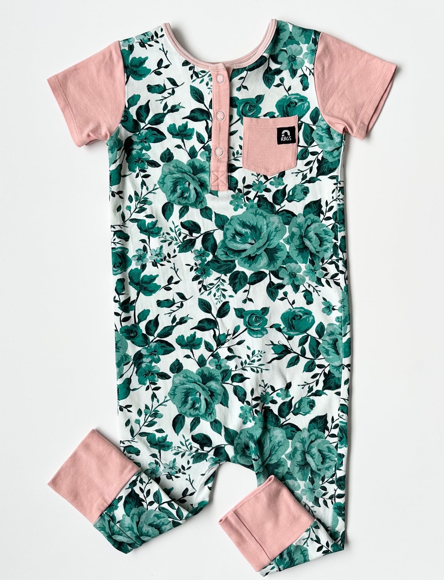 RAGS Green Roses & Light Pink Cuffs Short Sleeve Romper (2T)