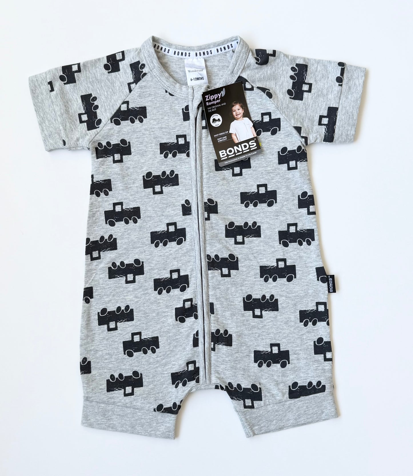 Bonds Wondersuit Grey Shorty Trucks Romper - New  (6-12 Months)