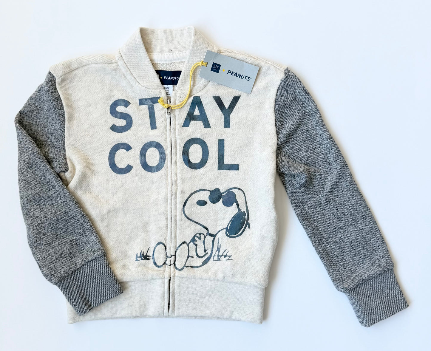 Gap Kids x Peanuts Heathered Grey & Beige “Stay Cool” Snoopy Zip Up Sweater - New (4-5 Years)
