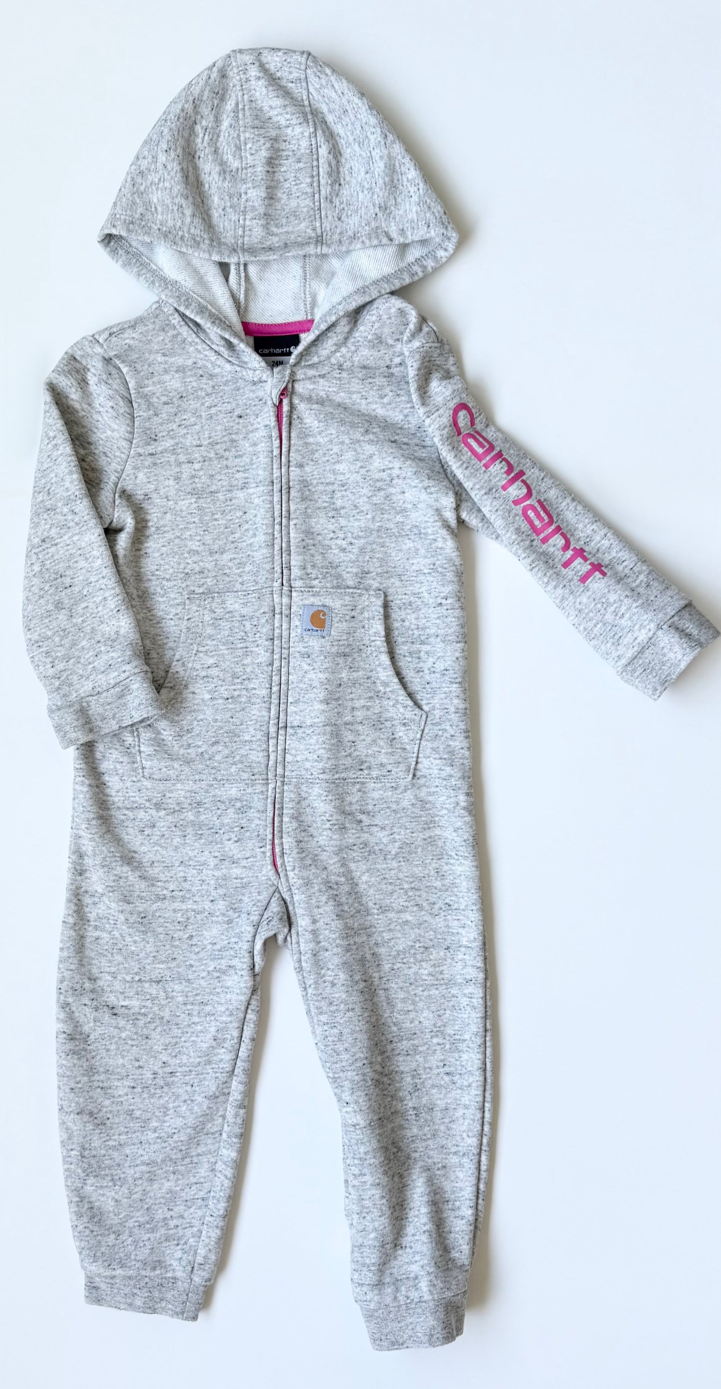 Carhartt Heathered Grey & Pink Long Sleeve Fleece Hooded Full Zip Coverall (24 Months)