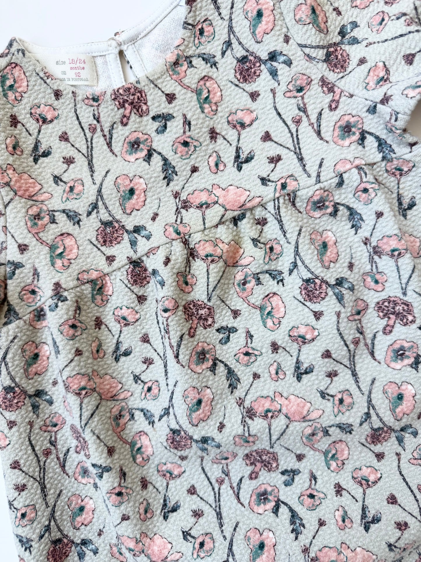 Zara Light Grey/Green Floral Pebbled Long Sleeve Dress (18-24 Months)