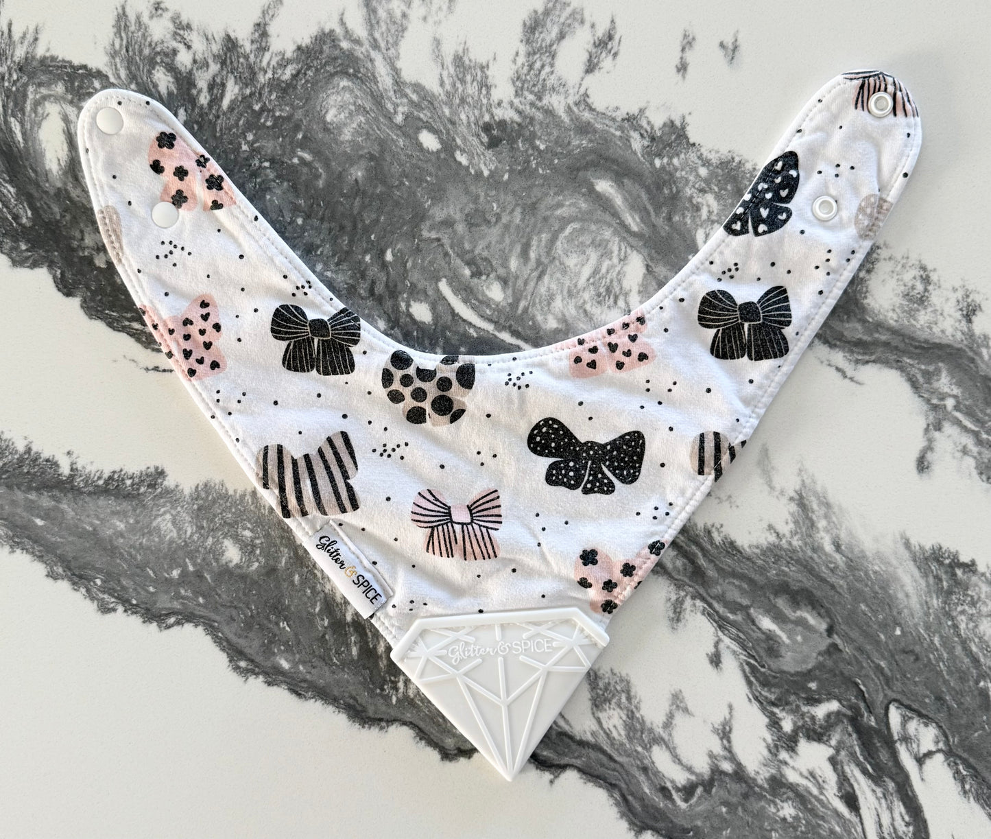 Glitter & Spice Reversible White & Pink Bows/Animals Teething Bib