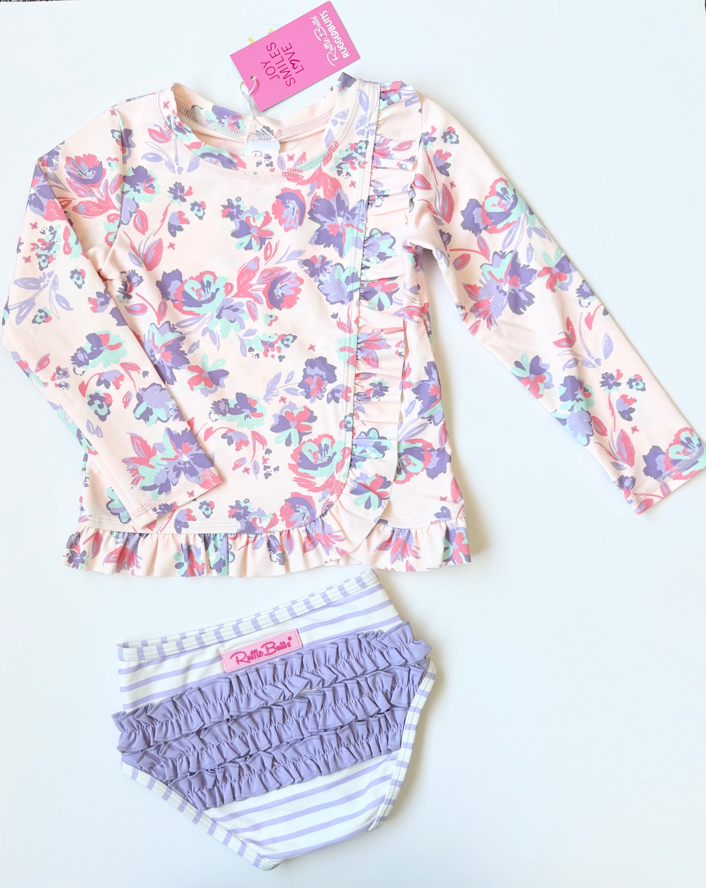 Ruffle Butts Pink Floral Long Sleeve Top & Purple Stripped Bottoms Two Piece Swimsuit (4T)