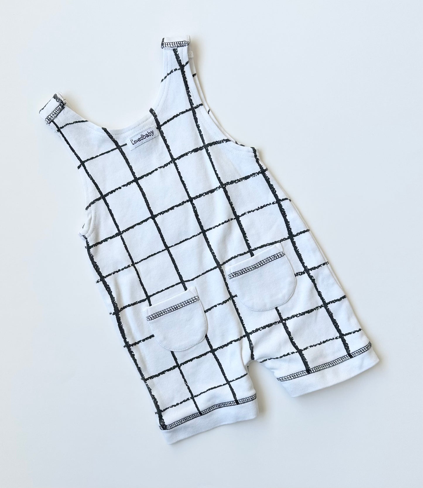 L’oved Baby White & Black Grid Shorty Fabric Overalls (6-9 Months)