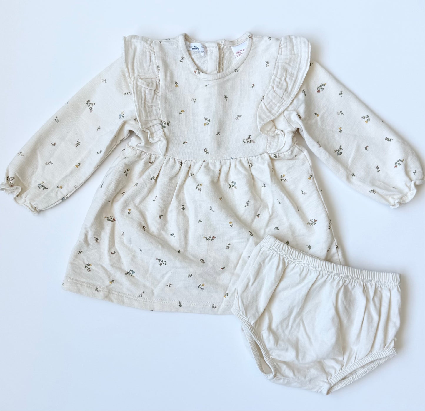 Zara Beige & Dainty Floral Long Sleeve Dress & Bloomers (6-9 Months)