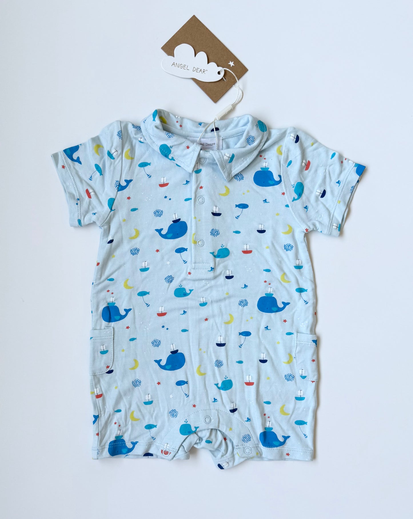 Angel Dear Blue Whales Collared Shorty Romper (6-12 Months)