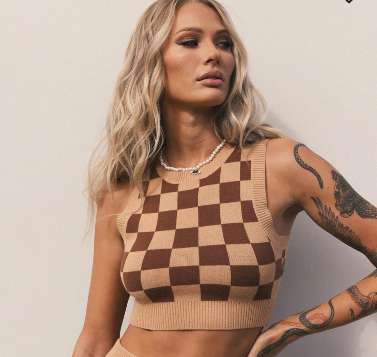 Women’s Princess Polly Luci Brown Checkered Vest Tank Crop Top (XS/S)