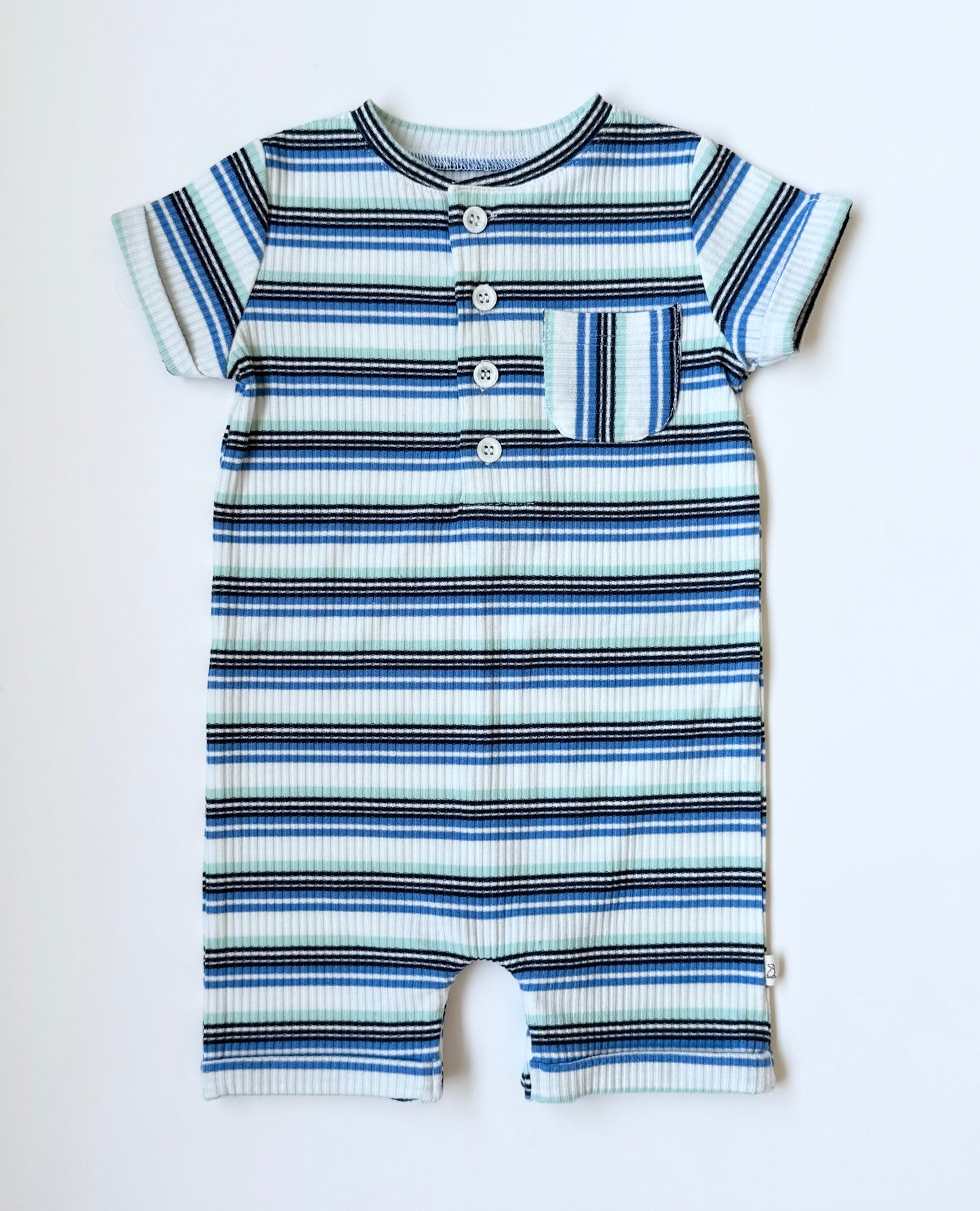 Me & Henry Blue Stripped Ribbed Shorty Henley Romper (3-6 Months)