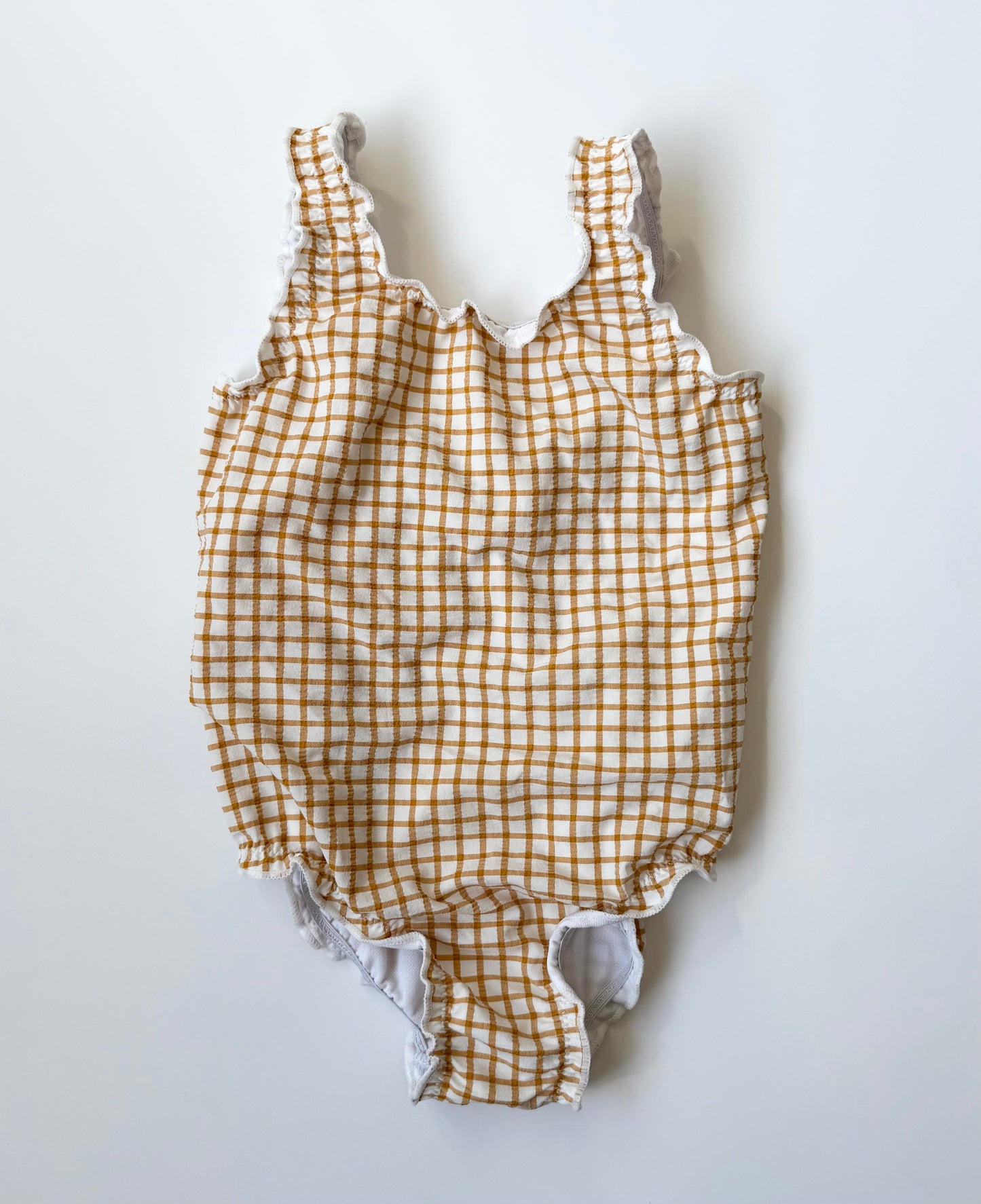 Zara Light Brown Checkered Lettuce Trim One Piece Swimsuit (3-4 Years)