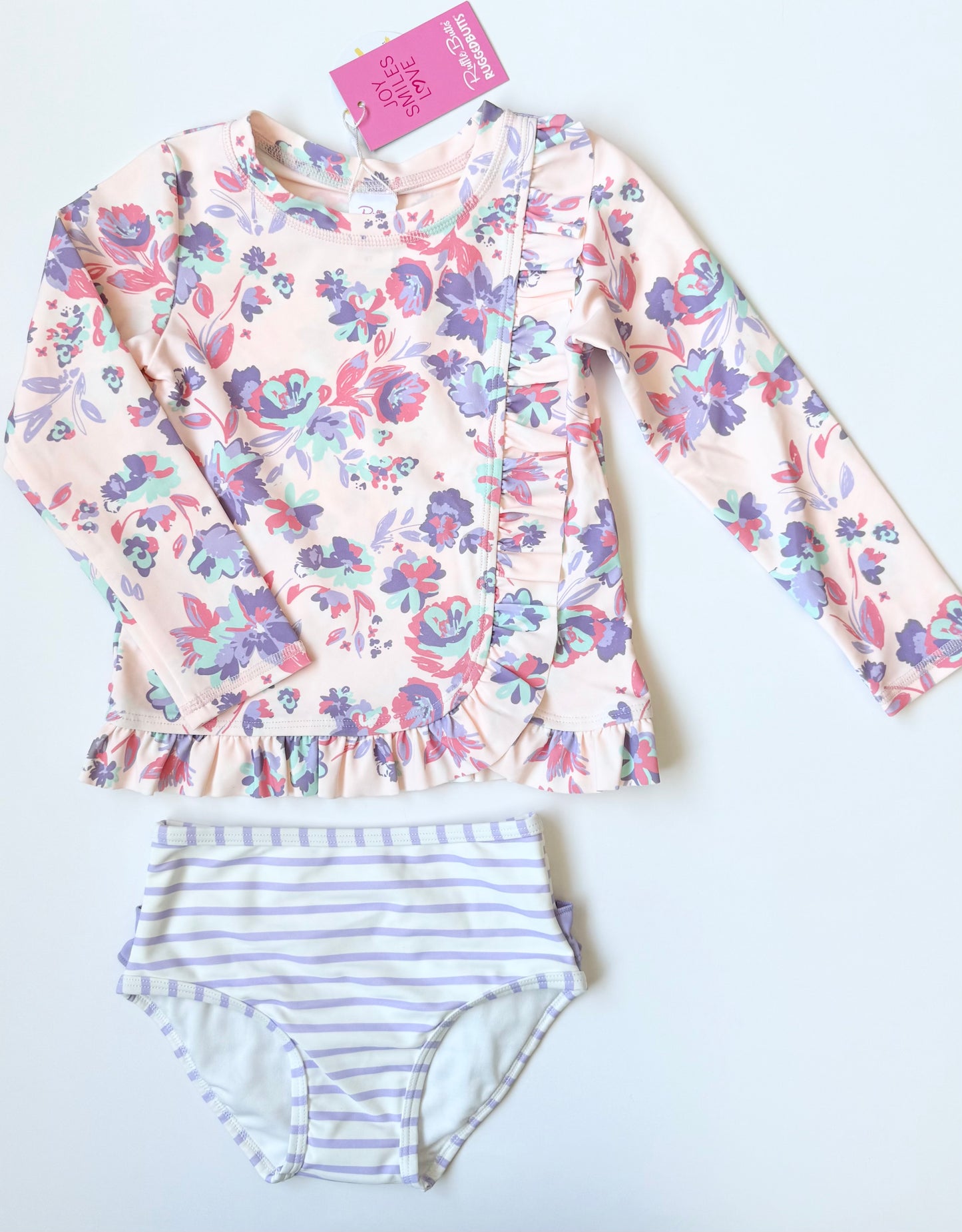 Ruffle Butts Pink Floral Long Sleeve Top & Purple Stripped Bottoms Two Piece Swimsuit (4T)
