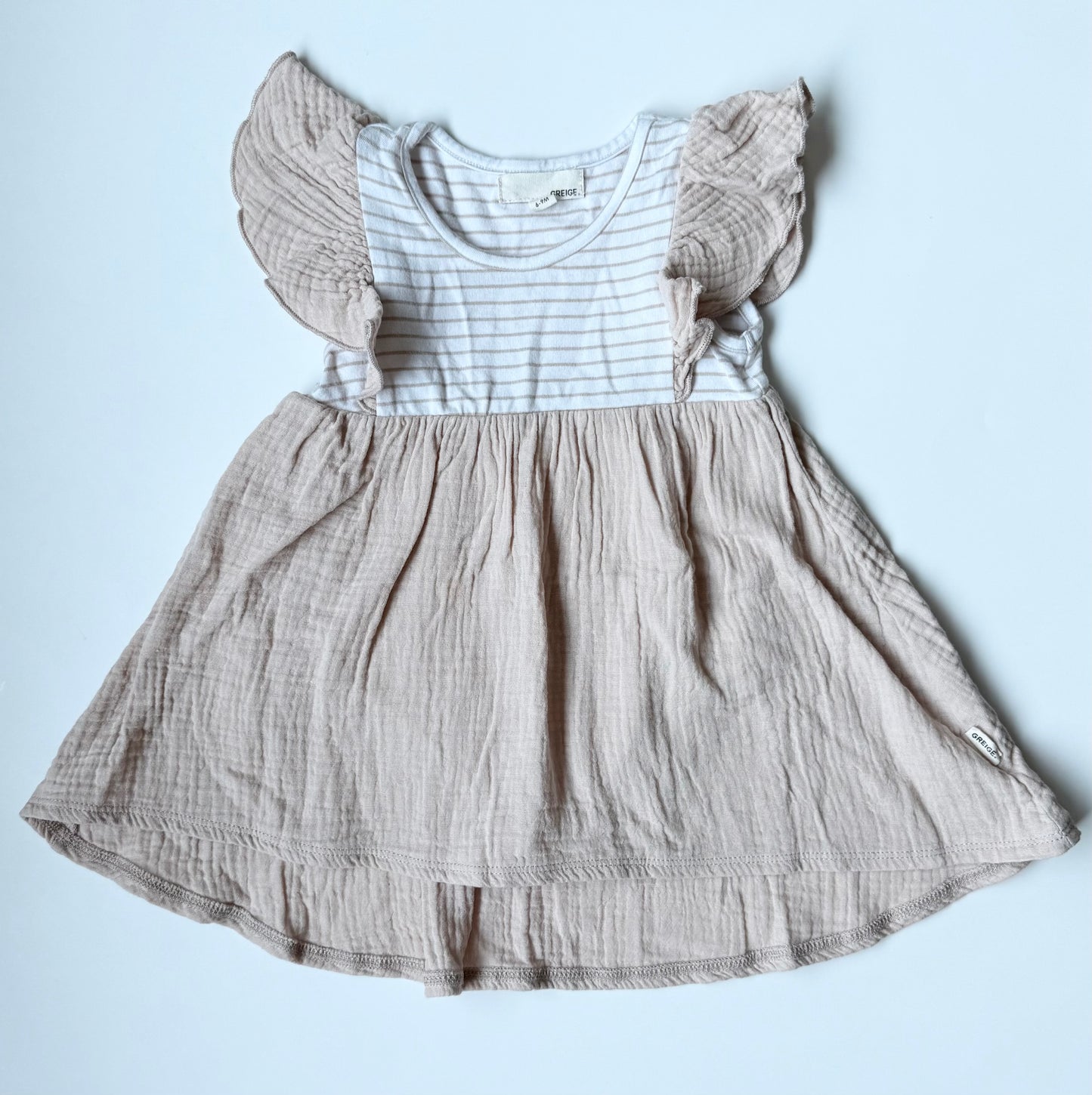 Greige Beige & White Stripped Muslin Dress (6-9 Months)