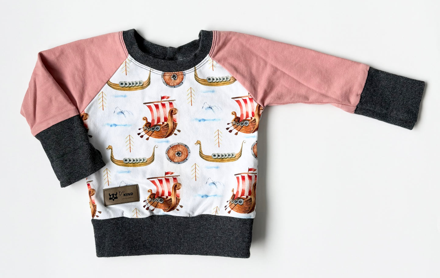 Wheat & Wildflower Grey & Pink Viking Boats “Be Kind” Grow With Me Sweater (3-12 Months)