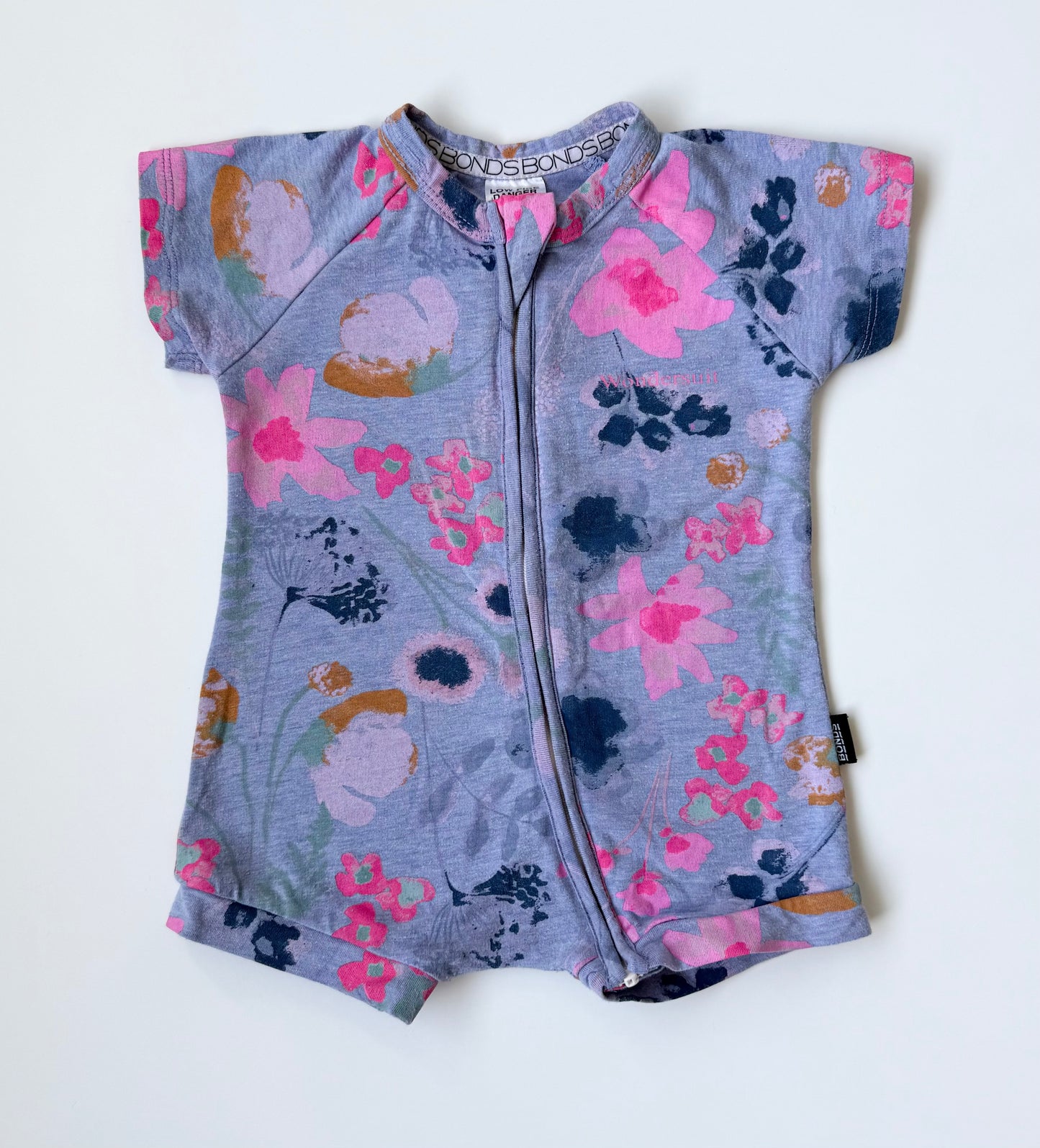 Bonds Wondersuit Blue & Purple Floral Shorty Romper (3-6 Months)