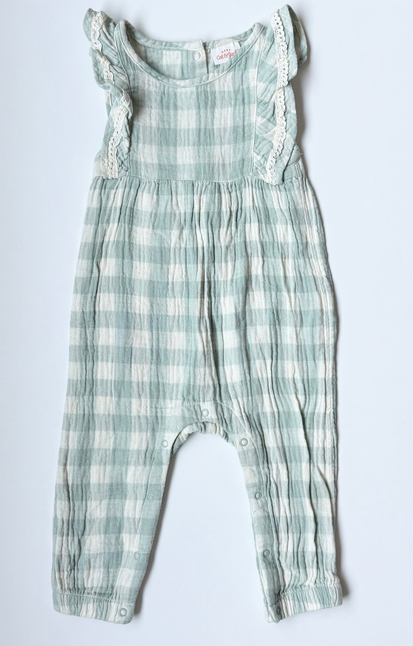 Cat & Jack Green & White Checkered Sleeveless Jumpsuit (12 Months)