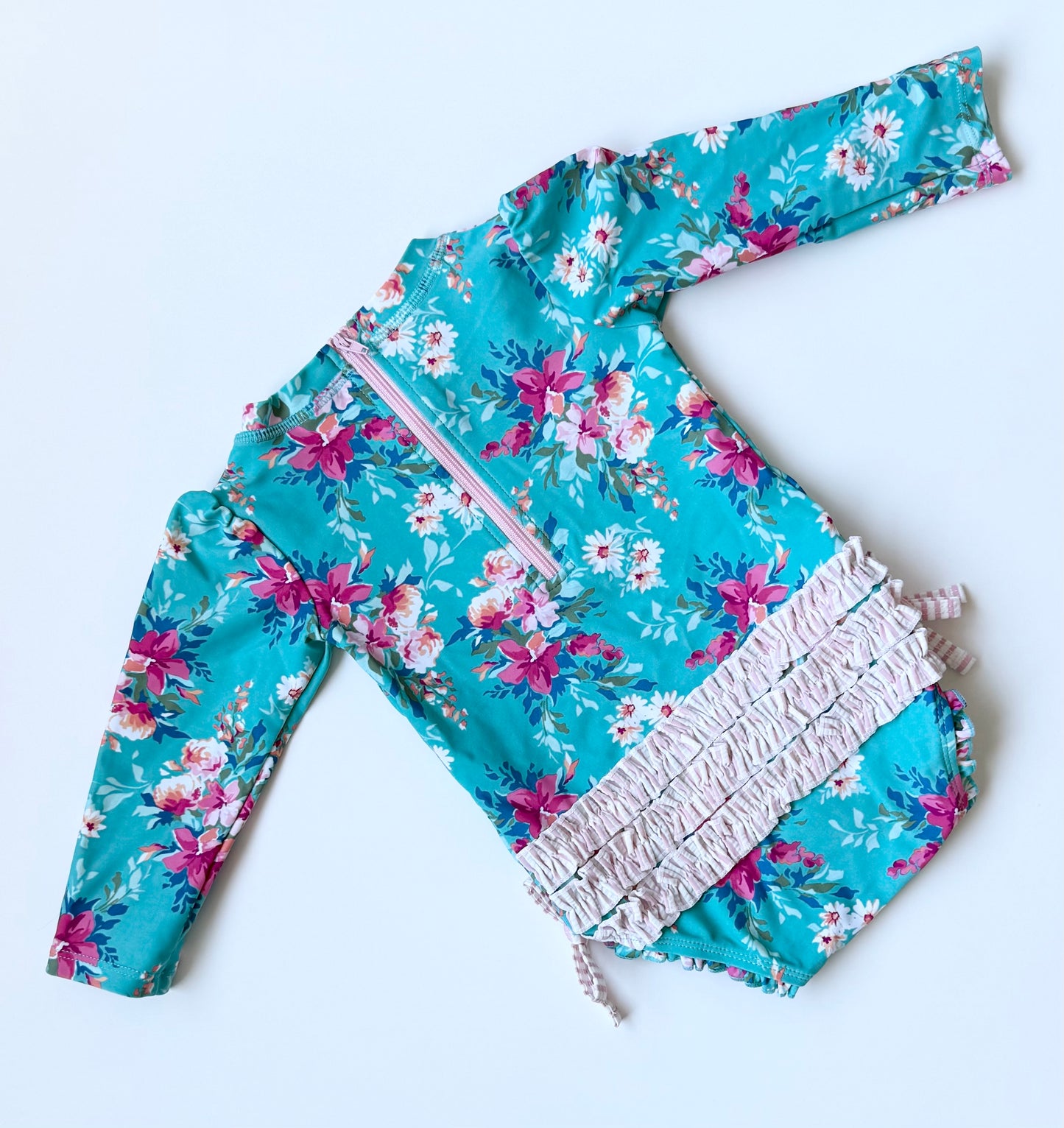 Ruffle Butts Dark Turquoise Floral Long Sleeve One Piece Swimsuit (12-18 Months)