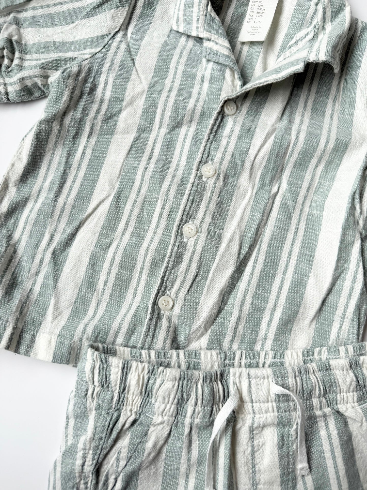 H&M Light Green & White Striped Linen Collared Short Sleeve & Matching Shorts Set (9-12 Months)