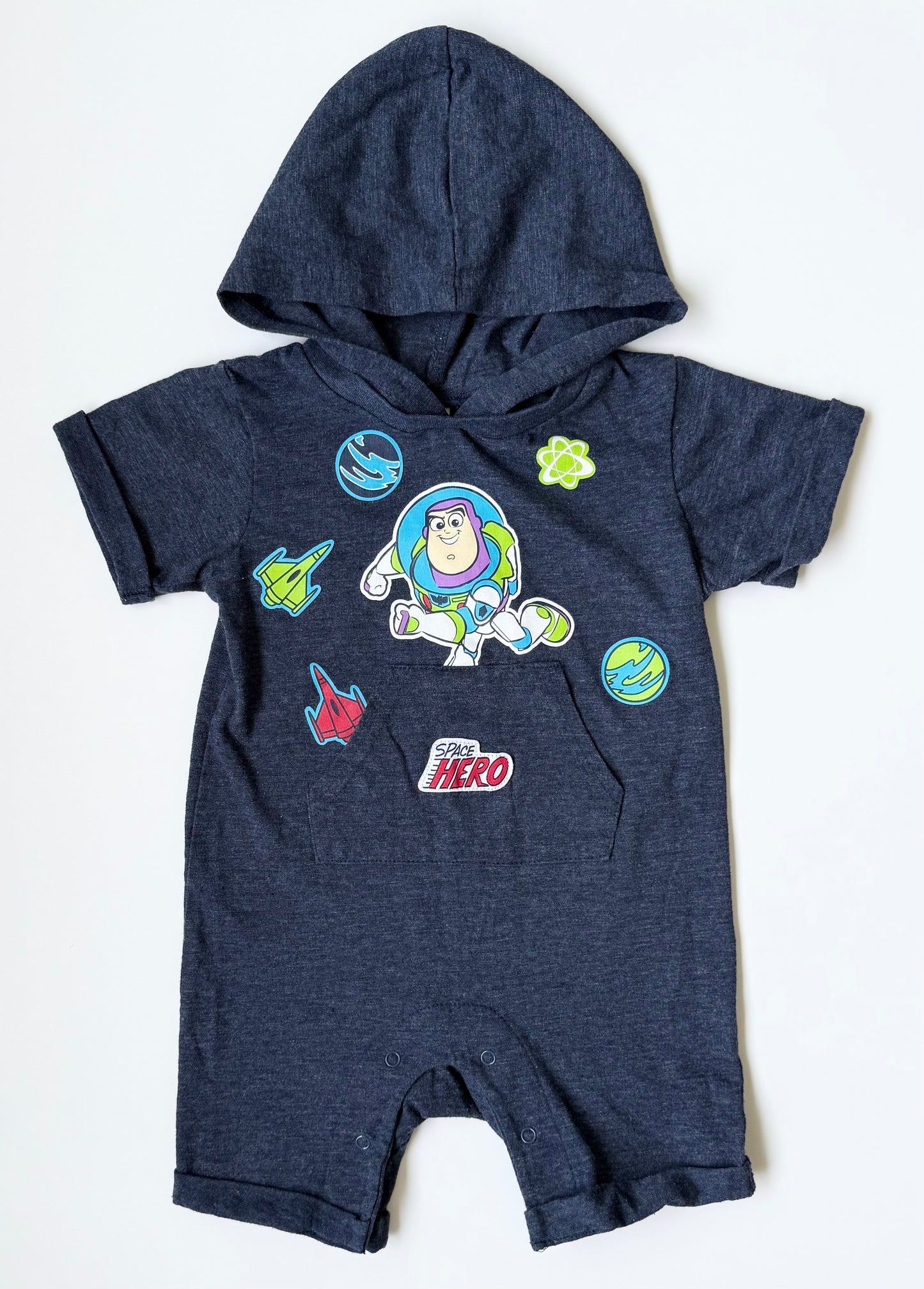 Disney x Pixar Buzz Lightyear “Space Hero” Navy Hooded Shorty Romper (12-18 Months)