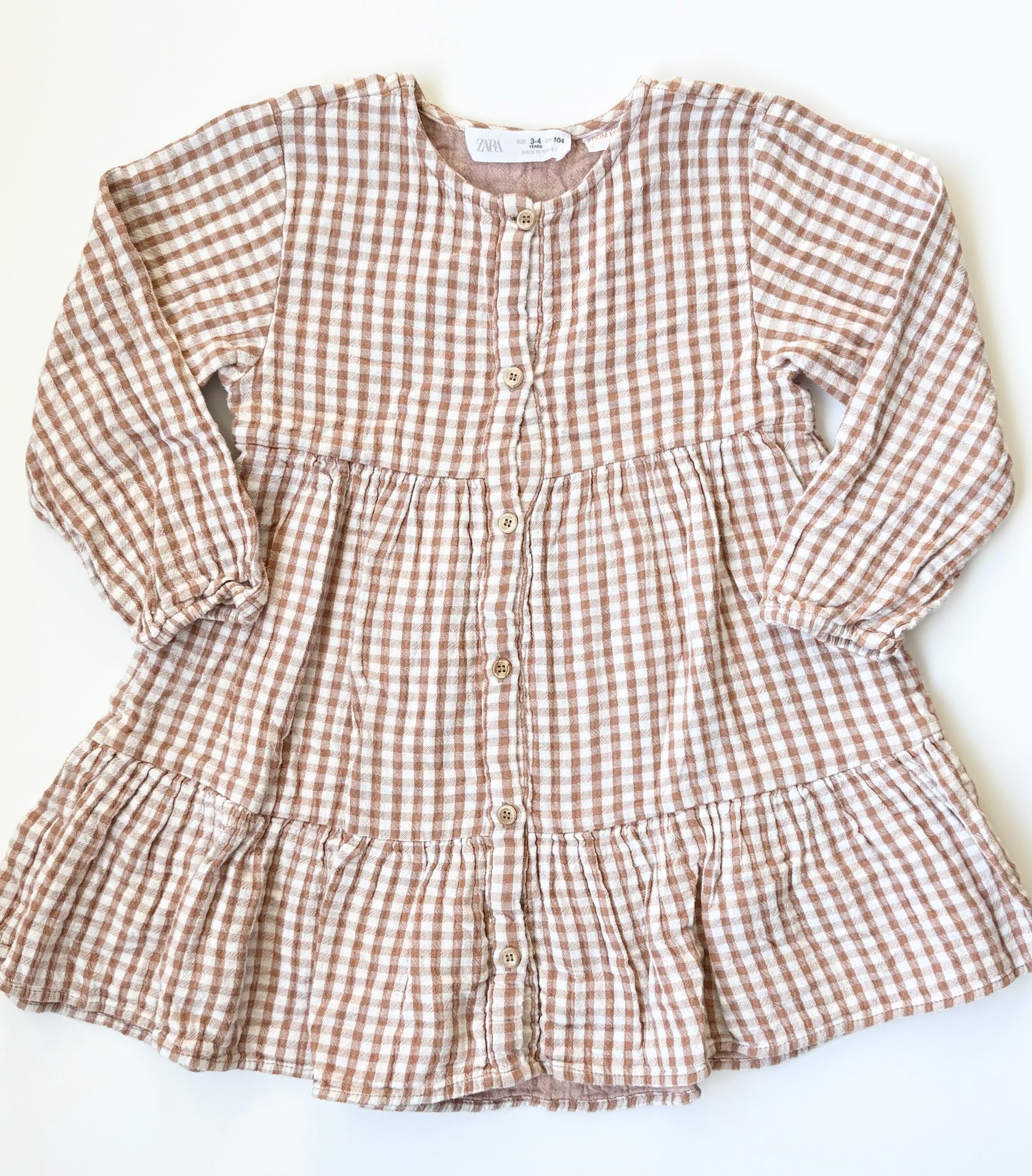 Zara Brown & White Gingham Tiered Dress (3-4 Years)