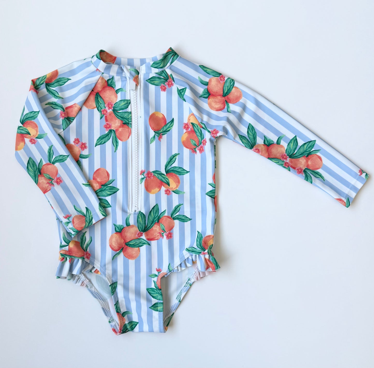 Old Navy Blue Stripped & Peaches Long Sleeve One Piece Swimsuit (12-18 Months)