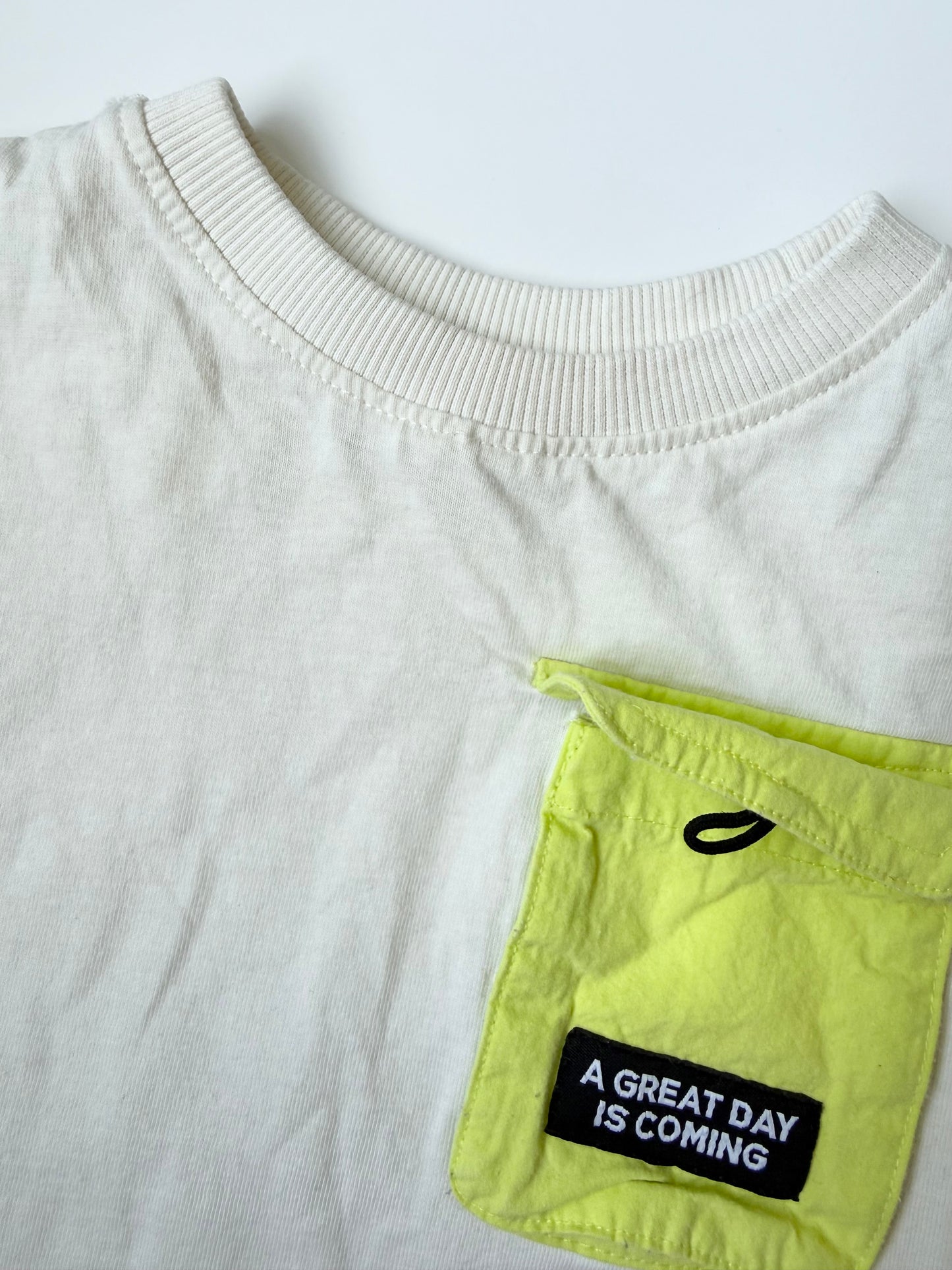 Zara White & Neon Pocket “A Great Day Is Coming” T-Shirt (9-12 Months)
